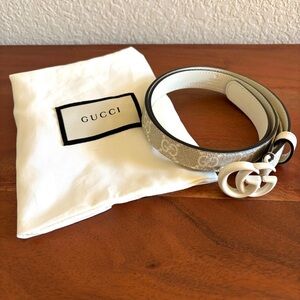 Gucci Ivory GG Marmont Printed Coated Canvas Thin Leather Belt Size 70 cm Luxury